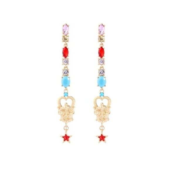 Blue Red Rhinestone Crystal Abstract Gold Dangle Statement Earrings - Picture 1 of 6